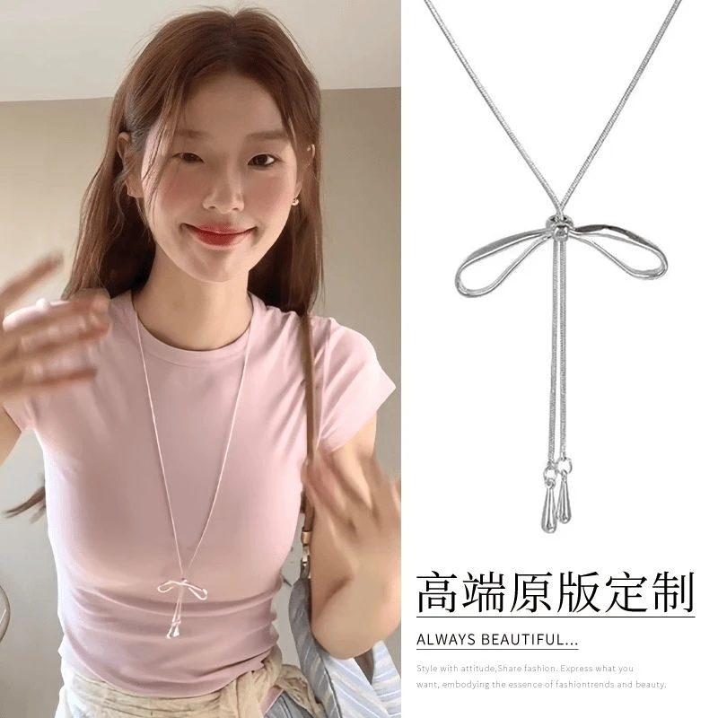 合金项链 甜美简约抽拉蝴蝶结项链女韩系小众设计长款配饰百搭款