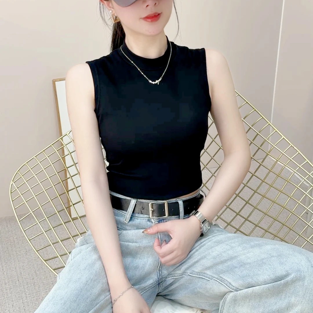 辣妹性感风背心吊带女装半高领网红显瘦百搭韩版无袖时尚纯色女装