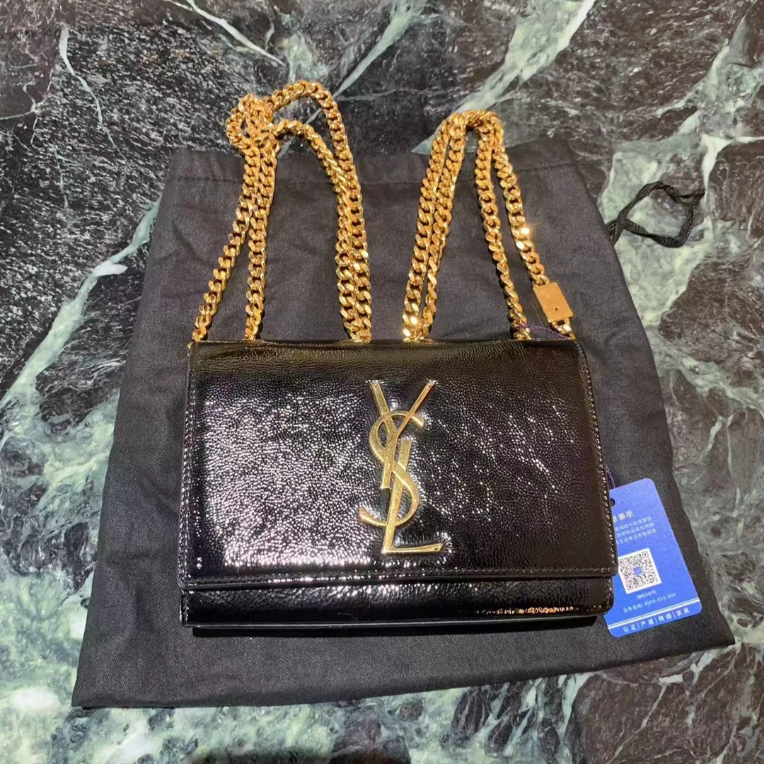 95新 YSL/圣罗兰 SAINT LAURENT圣罗兰 YSL 黑金漆皮 斜挎单肩包