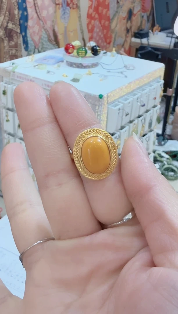 银S925镀金镶嵌蜜蜡戒指?****瘦（拍2 单发货）