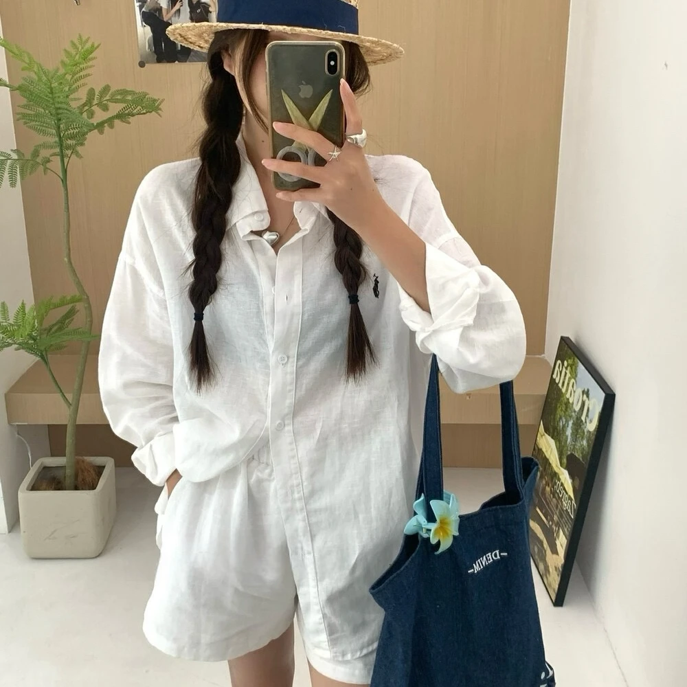 【一口奶酪】小个子亚麻小马刺绣宽松百搭衬衫+松紧腰短裤两件套装