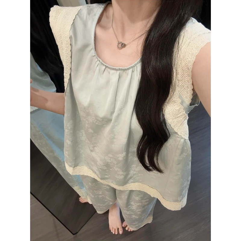 甜美少女拼接蕾丝花边背心睡衣女夏新款长裤休闲可外穿家居服套装