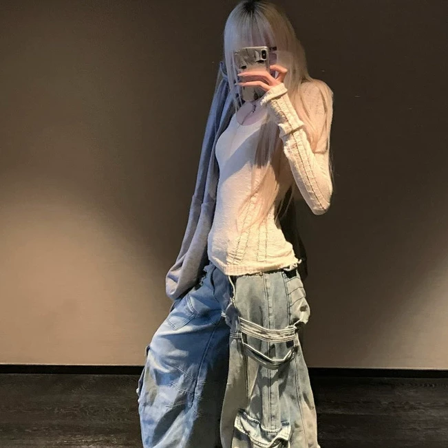 Rase le sol 杏色u领破洞针织打底衫设计感镂空修身长袖辣妹上衣