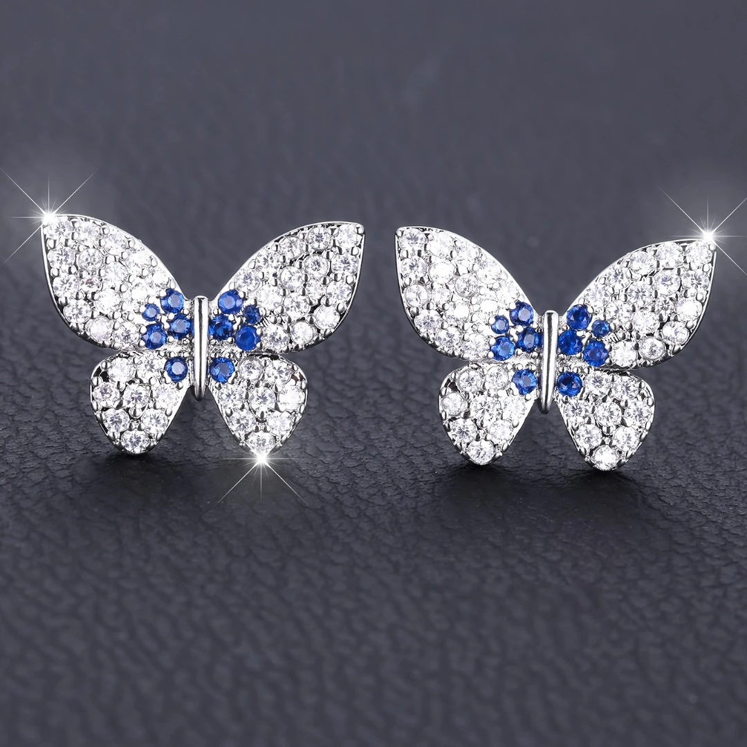 铜合金锆石耳饰 白钻蝴蝶中间宝蓝钻耳钉2257