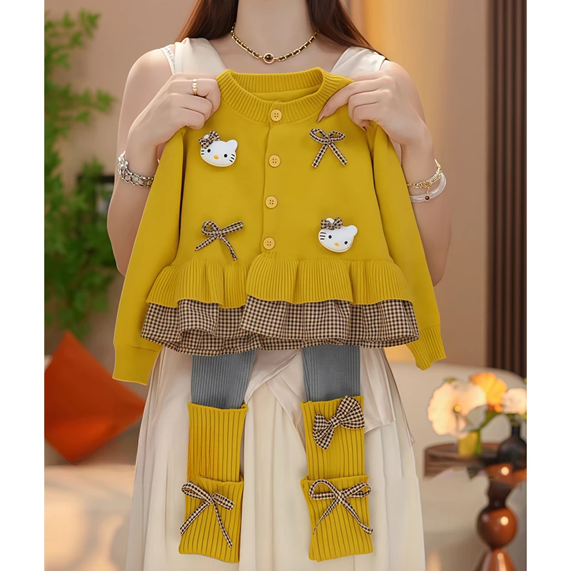 女童毛衣打底裤套装春秋2025新款卡通格子拼接花边针织开衫堆堆袜