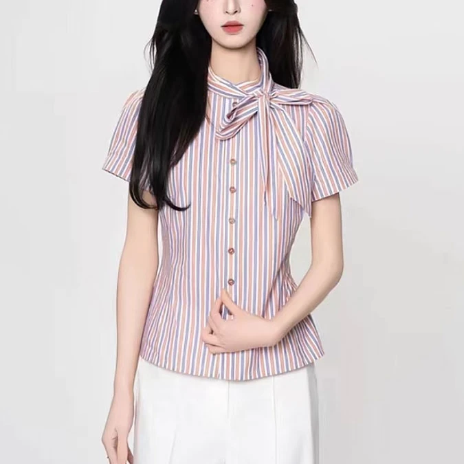 【商场同款】夏季新款气质立领蝴蝶结飘带百搭修身短袖衬衫530024