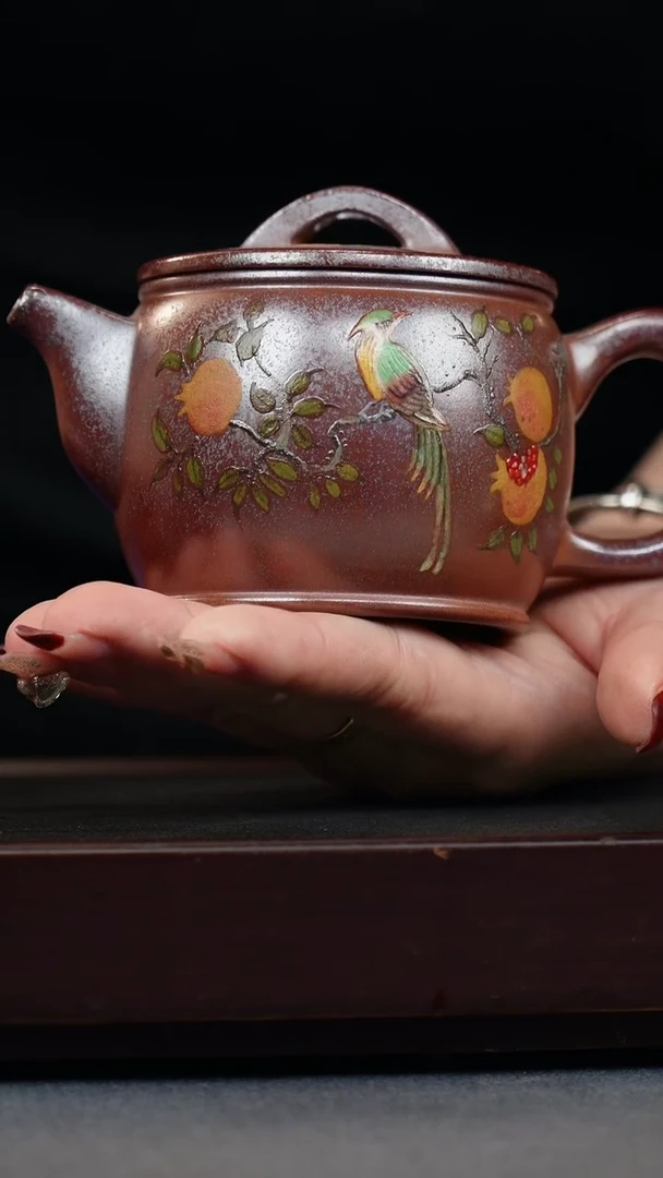 【闪购商品】紫砂茶壶火云烧 汉瓦 泥绘 喜上枝头 石榴
