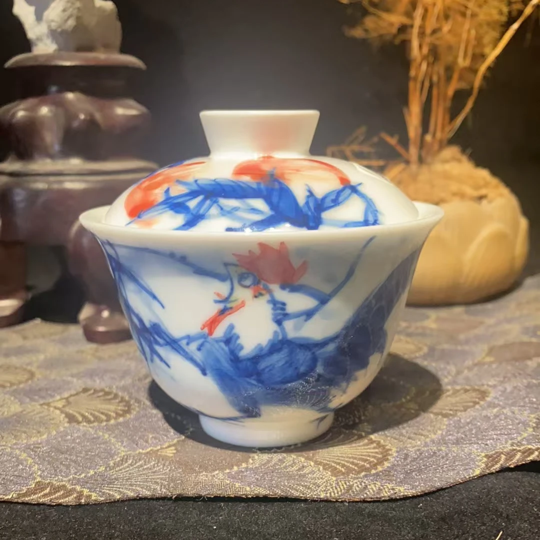 景德镇昱器雄鸡寿桃盖碗微瑕