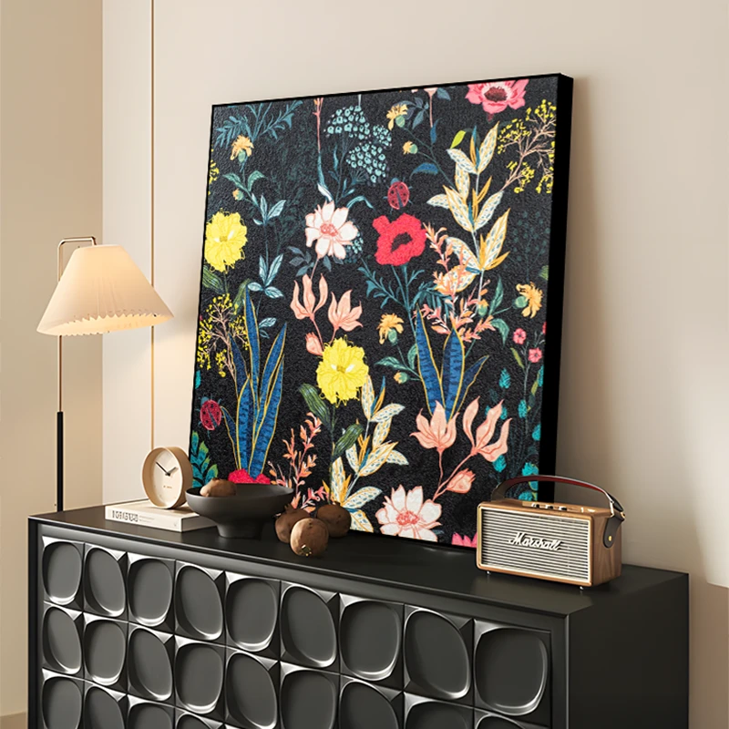 现代轻奢植物花卉餐厅砂岩画黑色客厅沙发背景装饰画卧室挂画8080