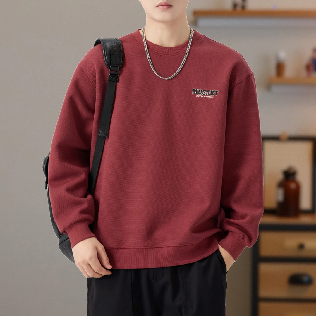 美式重磅纹理感刺绣圆领卫衣男秋冬新款潮牌宽松休闲加绒长袖上衣