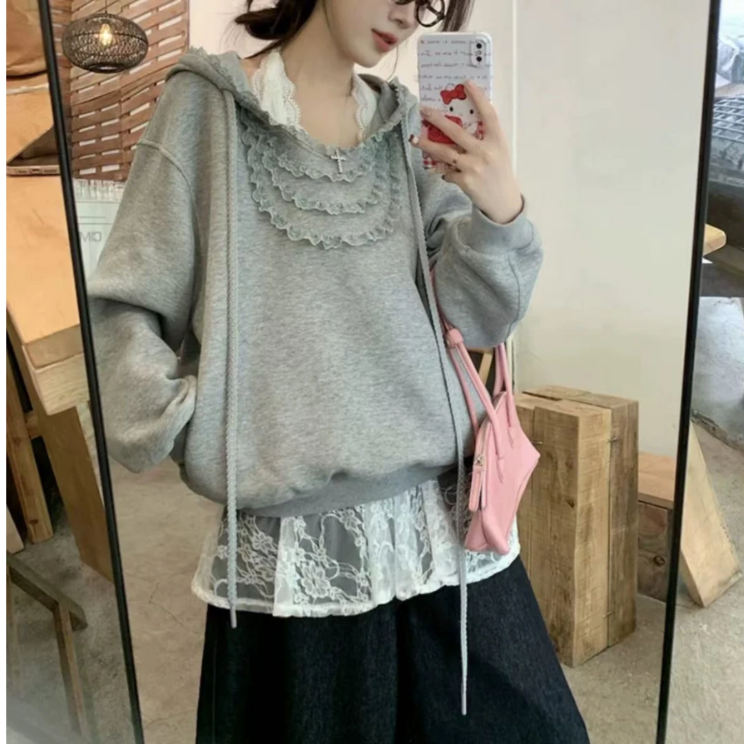 套装灰色长袖连帽卫衣女早秋蕾丝内搭设计感小众宽松休闲短款上衣