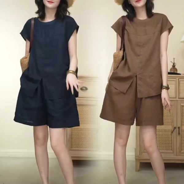 拉夏贝尔时尚套装女2025夏季新款洋气宽松短袖上衣阔腿短裤两件套