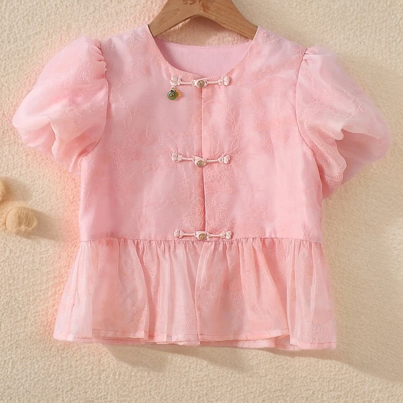 女童夏装2025新款儿童洋气时尚粉色甜美新中式泡泡袖复古上衣