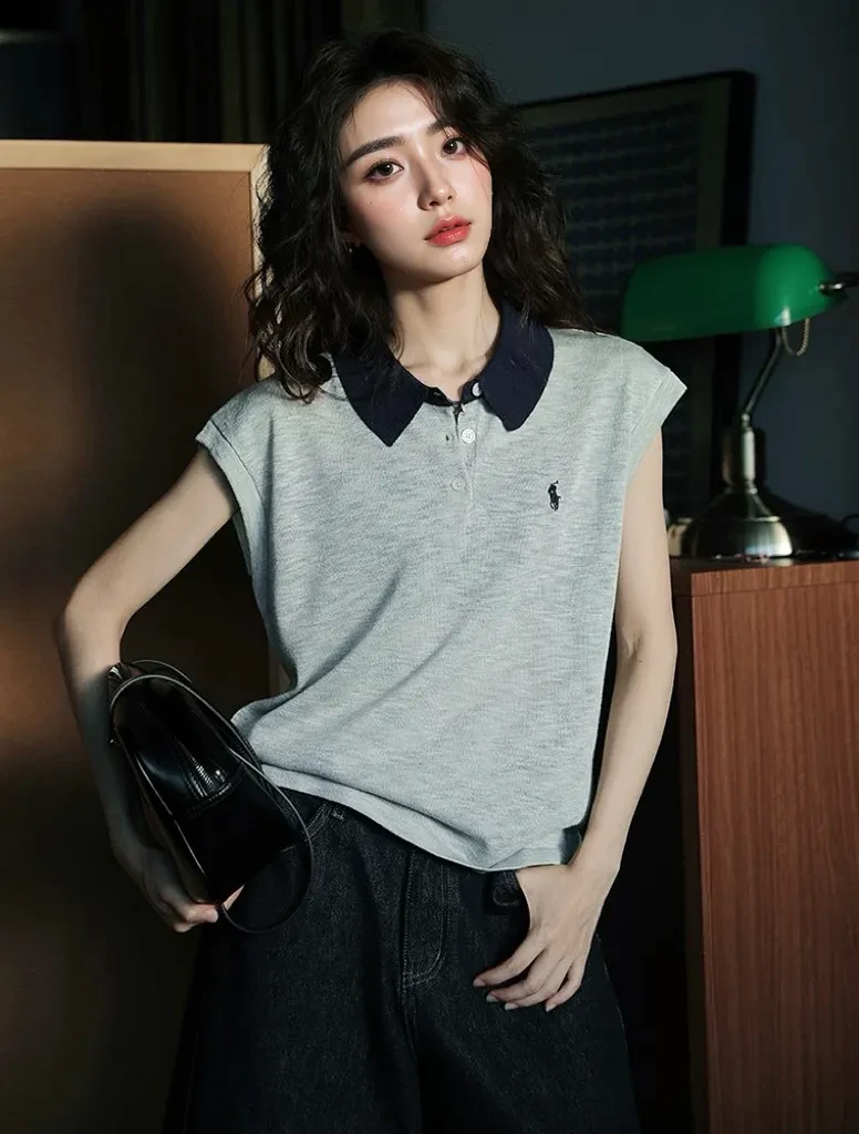 【蚀月】拼接刺绣夏季清凉感复古polo领显瘦设计感T恤.U060