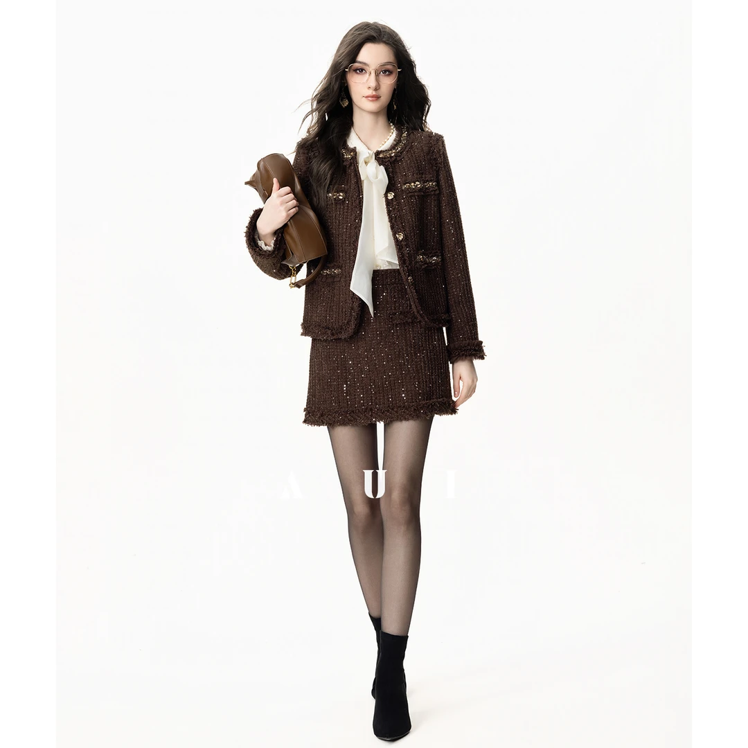 《粉丝专享》AUI棕色名媛气质小香风短外套女秋冬TT-25D100963