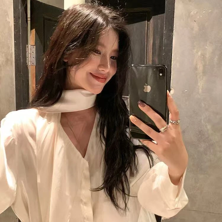 2025春季法式设计感飘带白色衬衣慵懒简约高级感小众百搭长袖衬衫