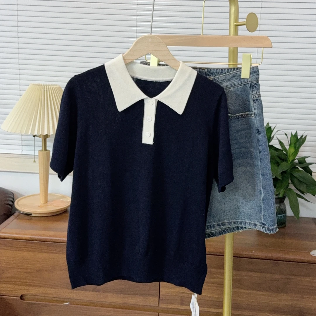 【原歌】夏季新款170克高冷气质撞色翻领针织短袖女YG769