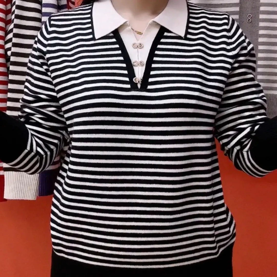 秋款假两件拼接女装针织衫2025新款宽松休闲妈妈装长袖打底保暖衣