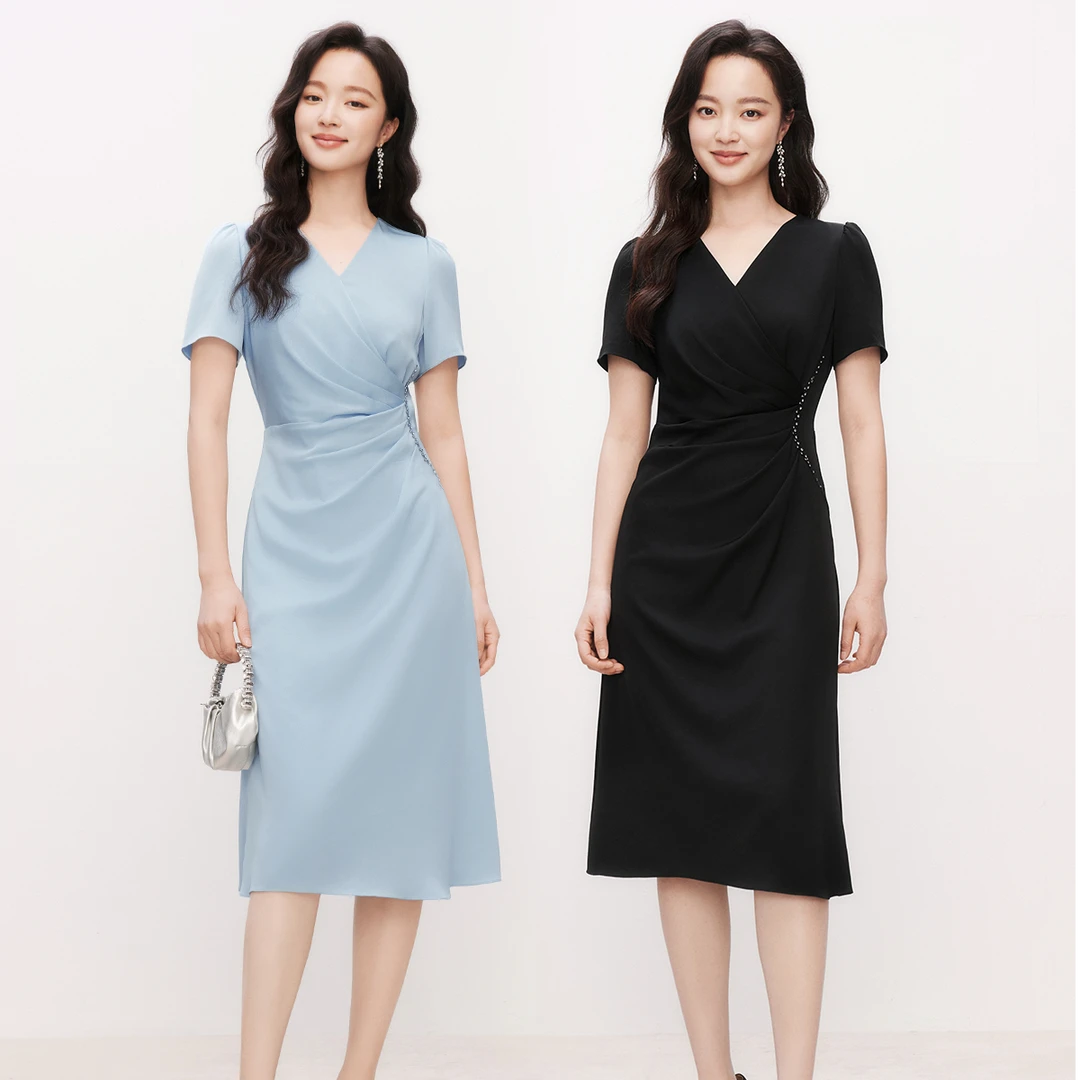 【羊羊专属】Koradior/珂莱蒂尔醋酸优雅V领连衣裙