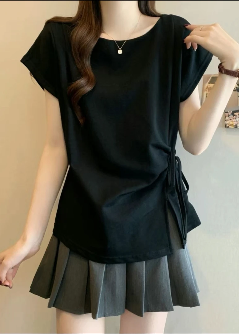 夏季2025新款宽松显瘦时尚上衣纯棉大码设计感抽绳小飞袖t恤