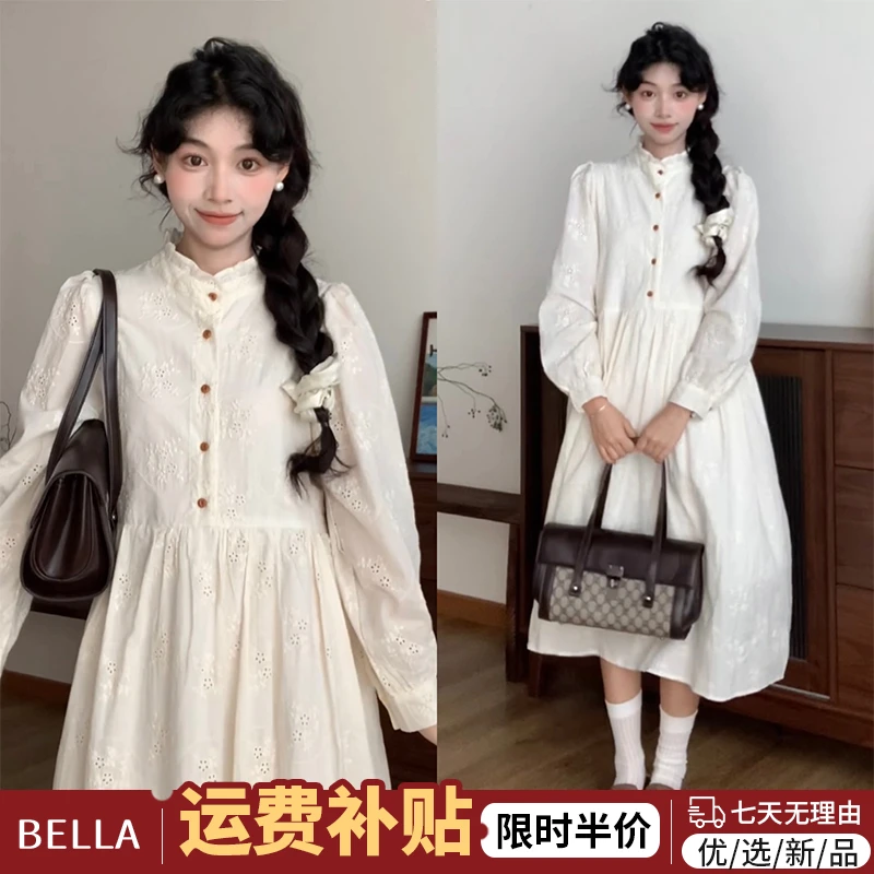 F294新中式长裙设计感气质小众长袖刺绣提花茶歇法式连衣裙女秋冬