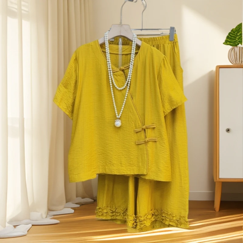 夏季新款时尚气质宽松显瘦大码新中式国风短袖上衣阔腿裤两件套装