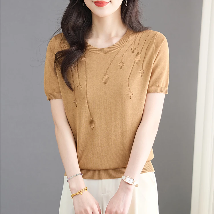 夏季新款天丝圆领提花短袖宽松显瘦时尚百搭减龄薄款小衫c898