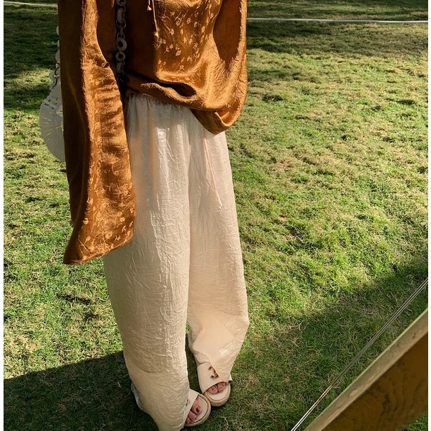 【Lilylikes】"醋酸抓皱裤"100亚沙醋酸布 慵懒松紧腰抽绳阔腿裤