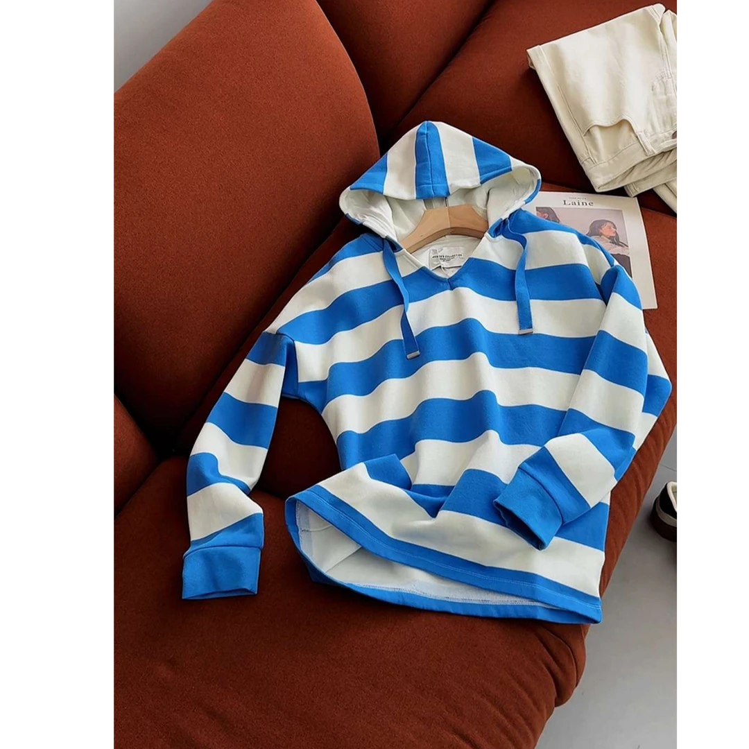 秋冬季女装新品柔软加绒V领连帽卫衣条纹上衣清爽简约外穿内搭