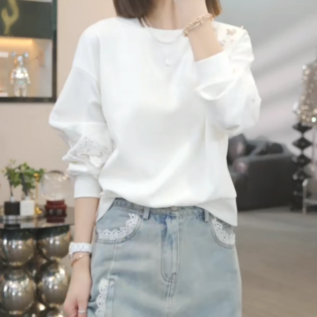 设计感拼接蕾丝白色长袖T恤女2025春季新款时尚气质圆领套头上衣