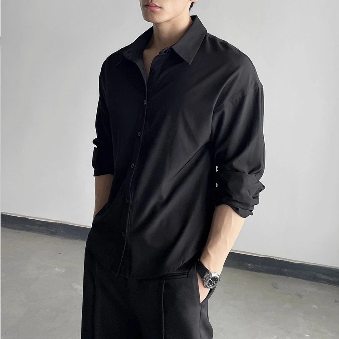 莱蒙璀黑色长袖衬衫男春秋季高级感痞帅宽松衬衣大码纯色免烫垂感
