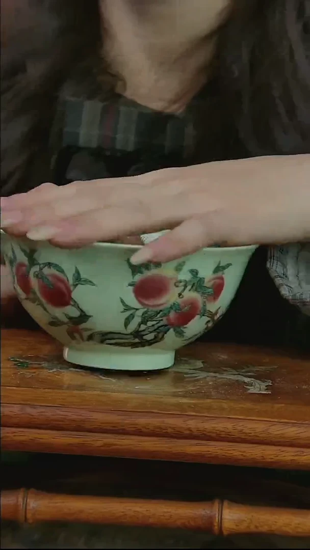 摆件陶绿稀土寿桃米饭碗