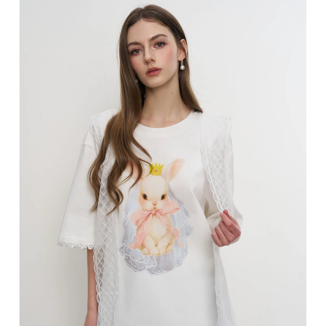 【海陆、肖然心同款】NOT FOR US 25SS新款白色蕾丝拼接兔子印花短袖