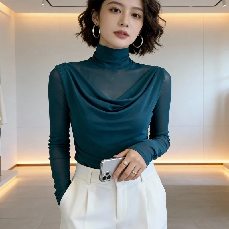 秋冬时尚潮牌网纱打底衫女爆款2025新款百搭精致上衣加绒内搭纱衣