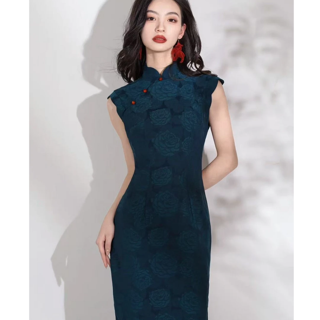 【群青】2025年夏季新款提花无袖气质显瘦新中式长款旗袍裙长120