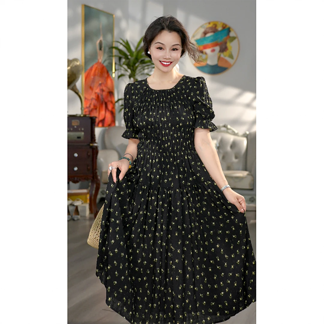 无印心匠B52601 时尚&收腰显瘦法式碎花中长款气质夏季连衣裙K847