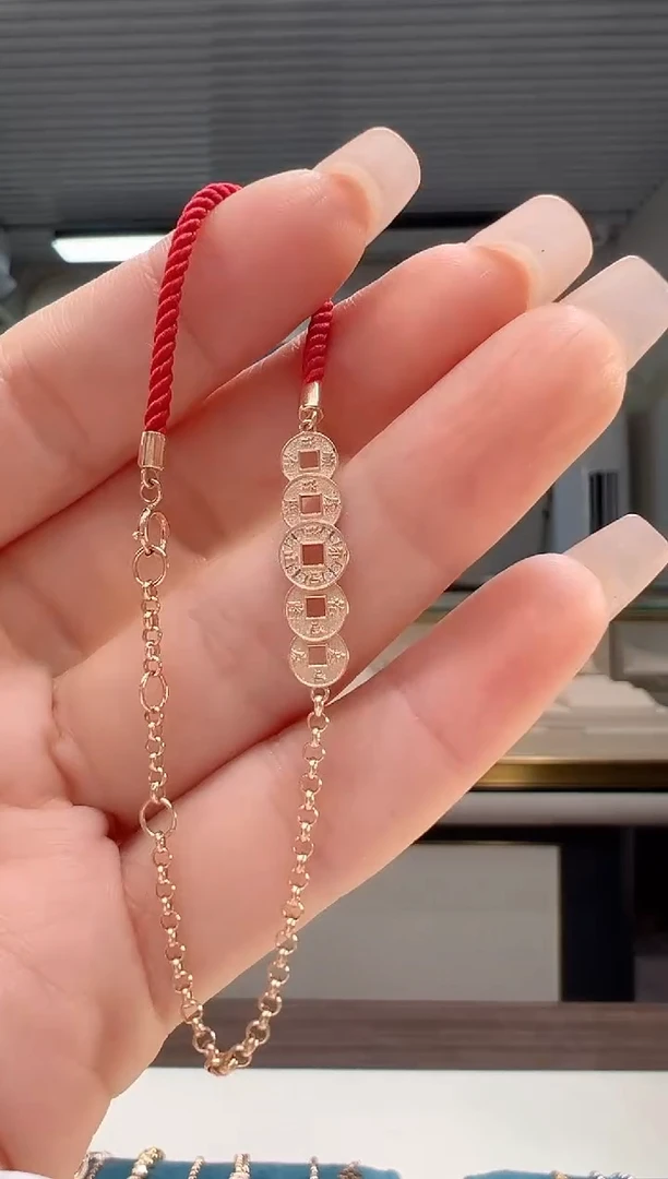 【闪购商品】钻石手链18K金镶嵌镶钻铜钱红绳手链K红