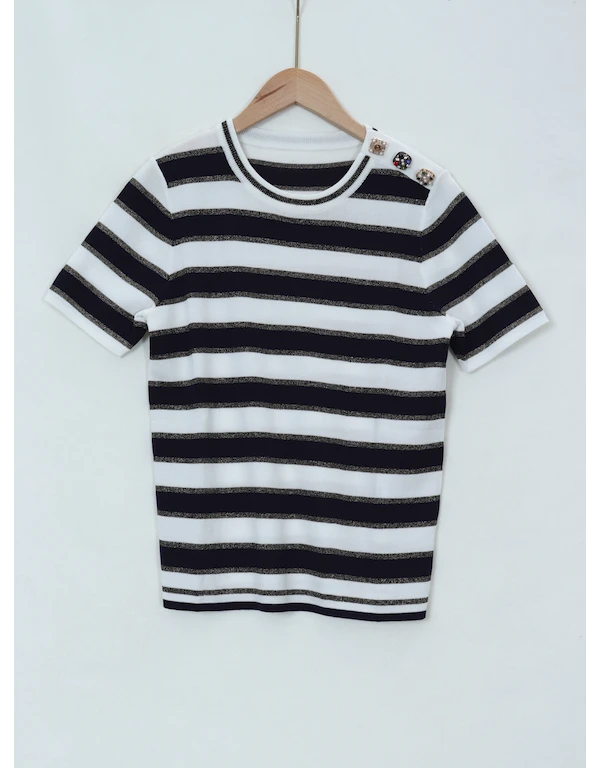莱赛尔真丝条纹针织短袖女夏圆领钻扣时尚T恤-YP022