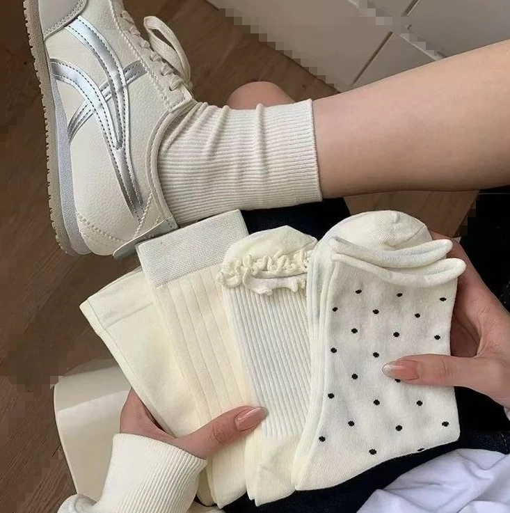 奶油袜春秋百搭纯色堆堆袜波点木耳边月子袜女款女袜SW-T17