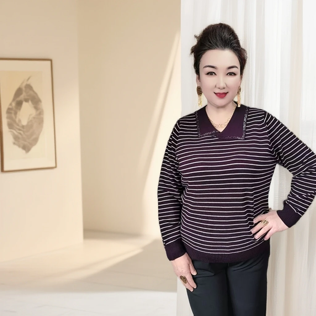 翻领条纹休闲风烫钻中老年毛衣