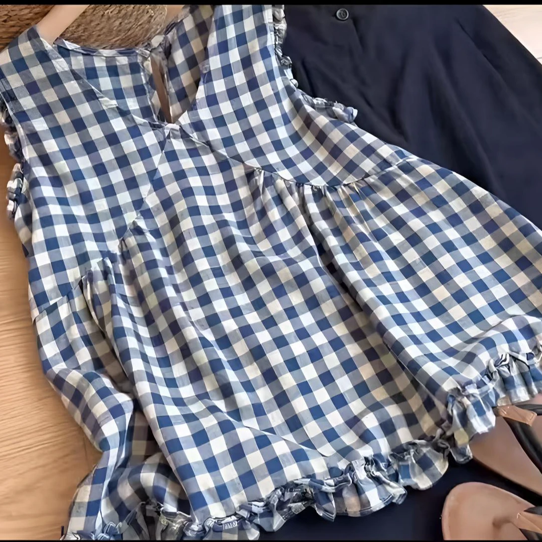 纯棉夏季通勤宽松荷叶边无袖背心气质时尚格子百搭洋气高级感女装