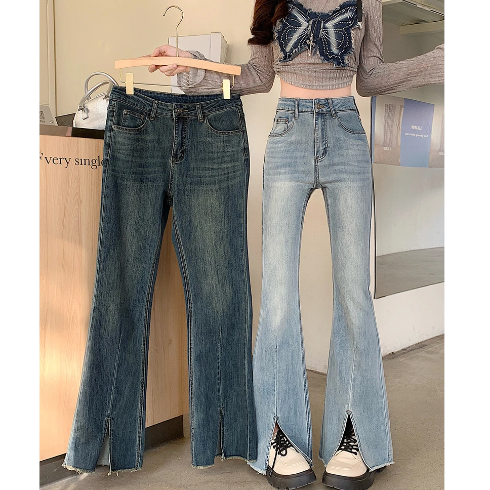 【七七专属】大码牛仔裤2025年秋季修身微喇复古高腰开叉长裤65520