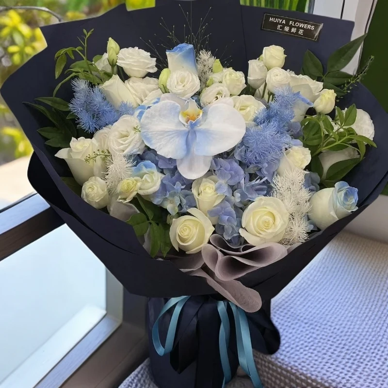 【前程似锦】1枝蝴碟兰9枝碎冰蓝玫瑰喷色花束桔梗花混搭送男朋友送男士鲜花店送花上门花店鲜花配送