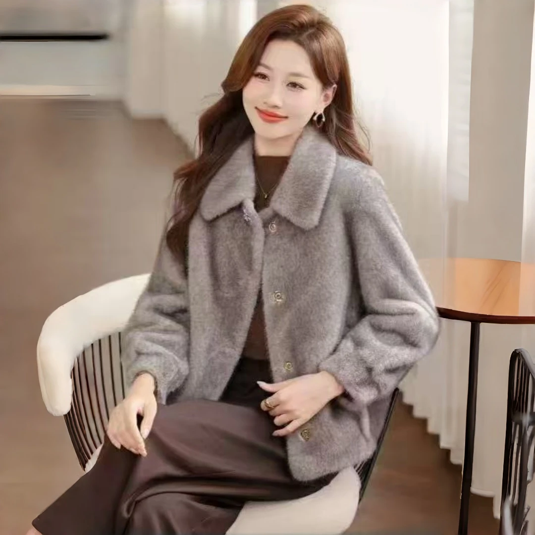 翻领女短外套日系宽松仿皮毛一体网红短款上衣秋冬百搭减龄妈妈装