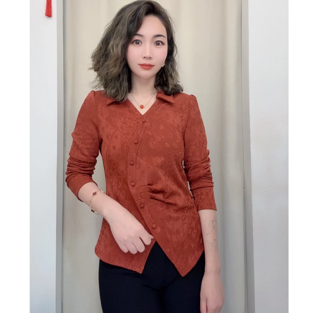 提花小衫 一体绒秋季新冬款百搭厚款半开领收腰显瘦长袖修身上衣