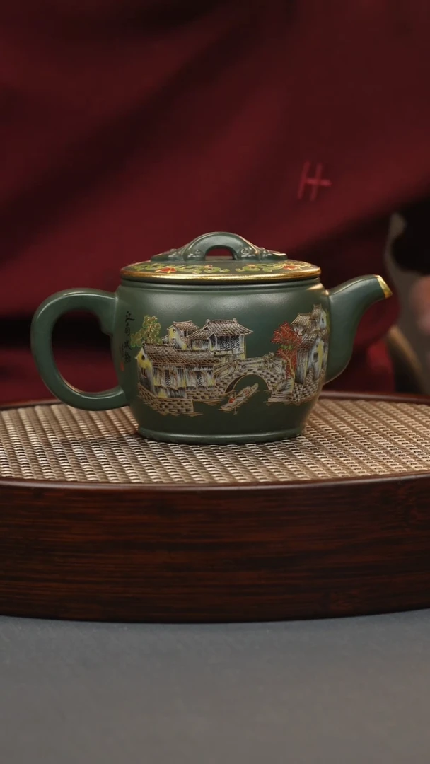 【闪购商品】紫砂茶壶绿泥 汉瓦 忆江南珐琅彩