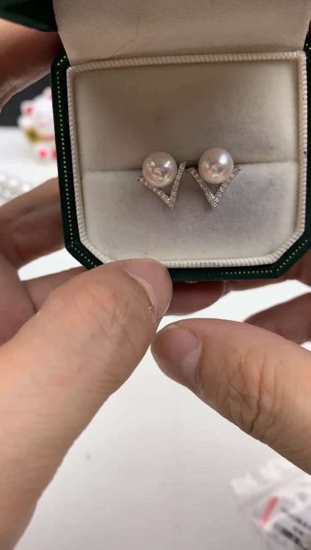 银S925镶嵌ff海水珍珠akoya白珠耳饰7~8mm