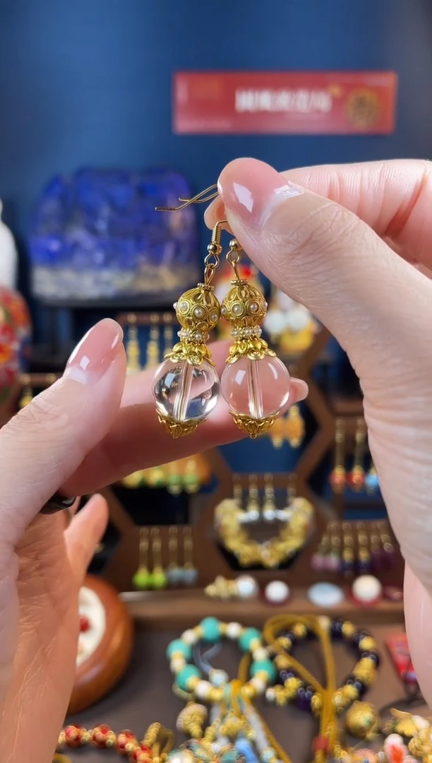 水晶耳饰银S925镀金镶嵌Y***悦，白色水晶耳钩