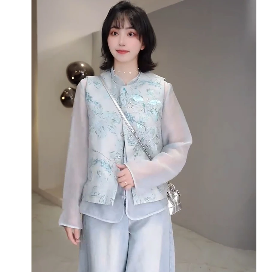 2025春季新款新中式国风重工刺绣钉珠花朵马甲女气质百搭上衣