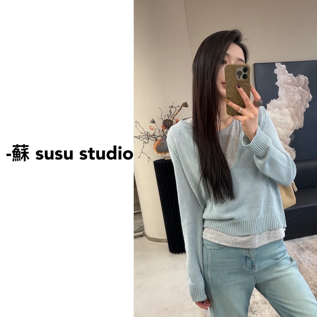 JS欧洲站春季新款韩版宽松显瘦无袖背心+V领长袖针织衫两件套女